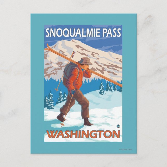 Skier Snow Skis - Snoqualmie Pass, WA Postkarte (Vorderseite)