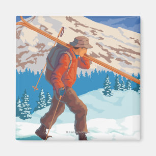 Skier-tragende Schnee-Ski-Vintage Reise Magnet