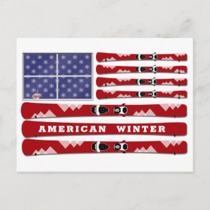 Skier und Schneeflocken USA-Flagge für den Winter Postkarte