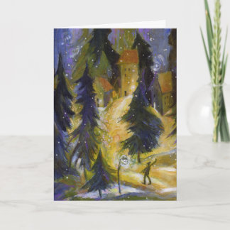 Skier Winter Village Night Card Feiertagskarte