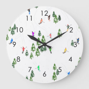 Skiers Skiing Illustration Ski Winter Slope Große Wanduhr