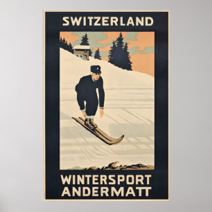 Skifahren Alpen Andermatt Schweiz Vintage Reise Poster