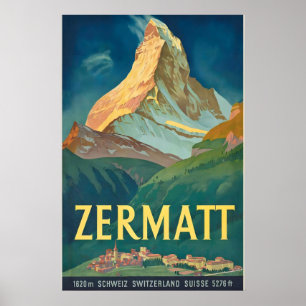 Skifahren Alpen Zermatt Schweiz Vintage Reise Poster