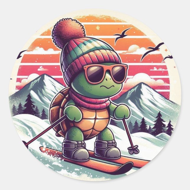 Skifahren auf den Pisten Runder Aufkleber (Vorderseite)