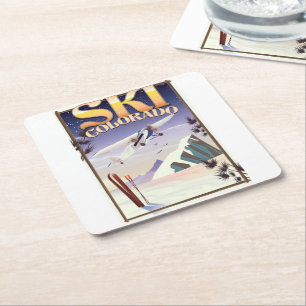 Skifahren Colorado Vintage-Reiseposter Rechteckiger Pappuntersetzer