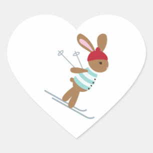 Skifahren-Häschen Herz-Aufkleber