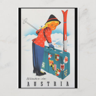 Skifahren im österreichischen Vintage Reiseplakat Postkarte