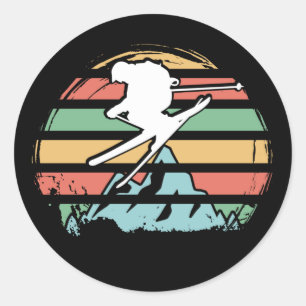 Skifahren im Retro Runder Aufkleber