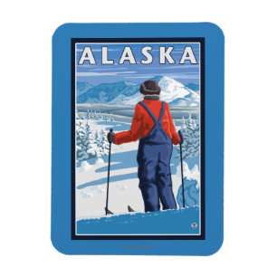 Skifahren in Alaska Vintage Reiseplaner Magnet