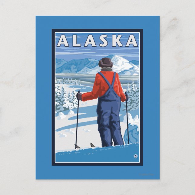 Skifahren in Alaska Vintage Reiseplaner Postkarte (Vorderseite)