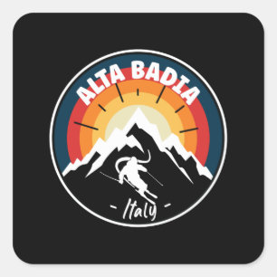 Skifahren in Alta Badia Italien Vintag Quadratischer Aufkleber