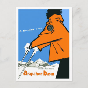 Skifahren in Colorado, Frau in roter Jacke, Vintag Postkarte