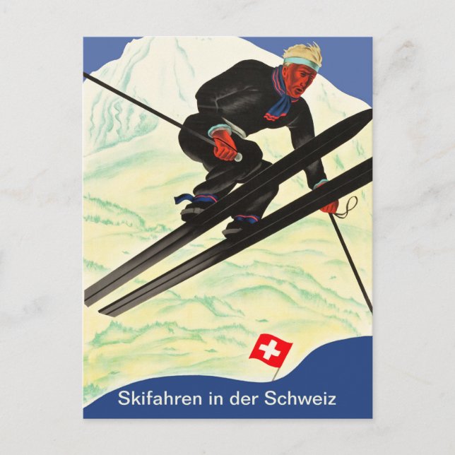 Skifahren in der Schweiz Postkarte (Vorderseite)