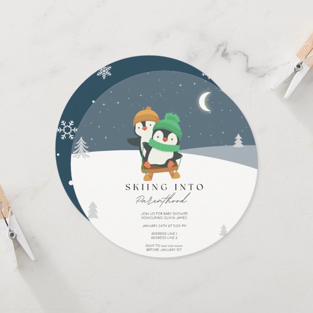 Skifahren in die Elternschaft Babydusche Einladung (Vorderseite/Rückseite Beispiel)
