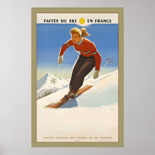 Skifahren in Frankreich Vintage-Skiplakat - gerahm Poster