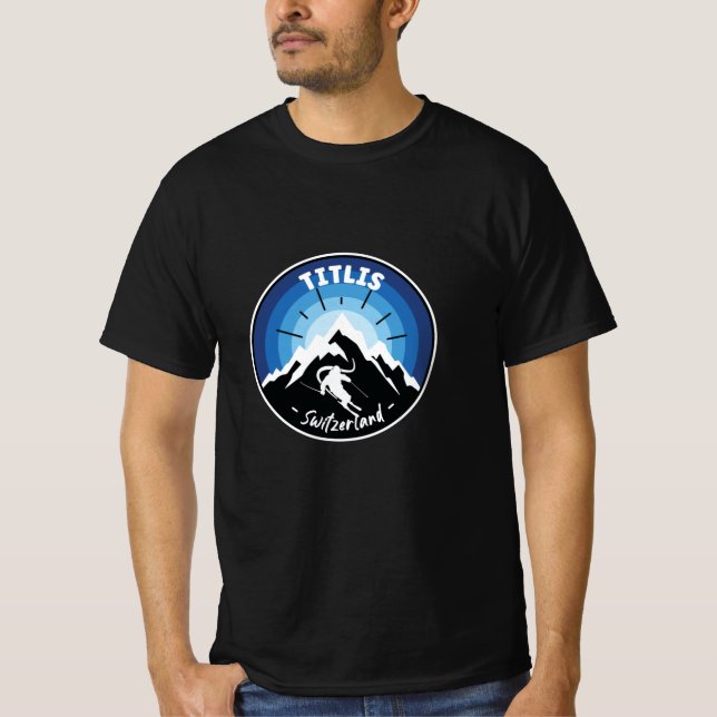 Skifahren in Titlis Schweiz Blau T-Shirt (Vorderseite)