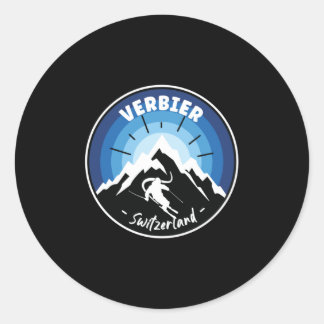 Skifahren in Verbier Schweiz Blau Runder Aufkleber