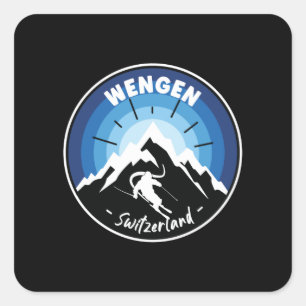 Skifahren in Wengen Schweiz Blue Quadratischer Aufkleber