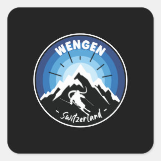 Skifahren in Wengen Schweiz Blue Quadratischer Aufkleber