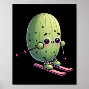 Skifahren Kaktus Cute Alpine Schnee Kawaii Cartoon Poster