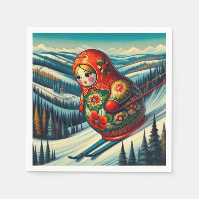 Skifahren Matryoshka Puppen Winterschnee Serviette (Vorderseite)