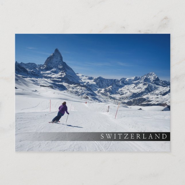 Skifahren mit Matterhorn in Zermatt, Schweiz Postkarte (Vorderseite)