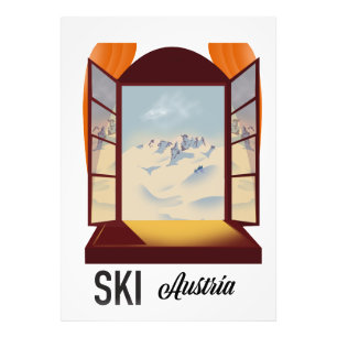 Skifahren Österreich Fenster Reiseplakat. Fotodruck
