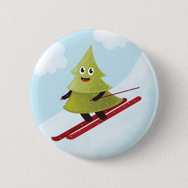 Skifahren Pine Tree Niedlicher Schneesport Winter Button (Vorderseite)