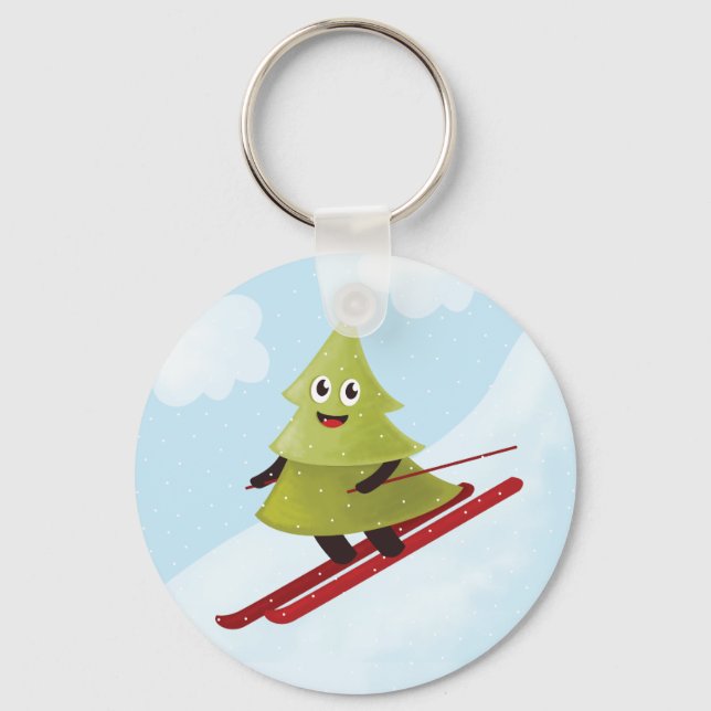 Skifahren Pine Tree Niedlicher Schneesport Winter Schlüsselanhänger (Vorderseite)