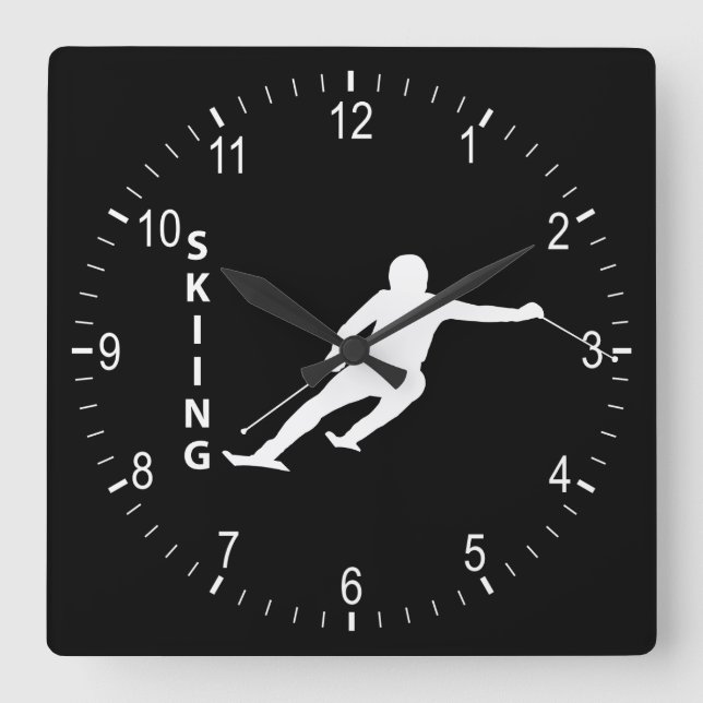 Skifahren Quadratische Wanduhr (Vorderseite)