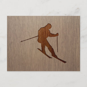 Skifahren Silhouette in Holzdesign graviert Postkarte