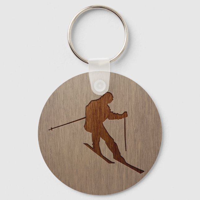 Skifahren Silhouette in Holzdesign graviert Schlüsselanhänger (Vorderseite)