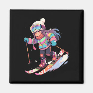 Skifahren Ski Schnee Skifahrer Chibi Mädchen Kinde Magnet
