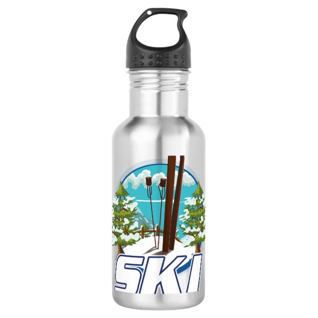 Skifahren, Skiposter-Logo. Edelstahlflasche (Vorderseite)