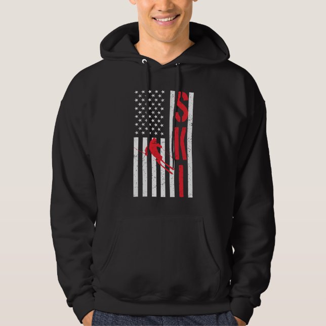 Skifahren unter amerikanischer Flagge Wintersport  Hoodie (Vorderseite)