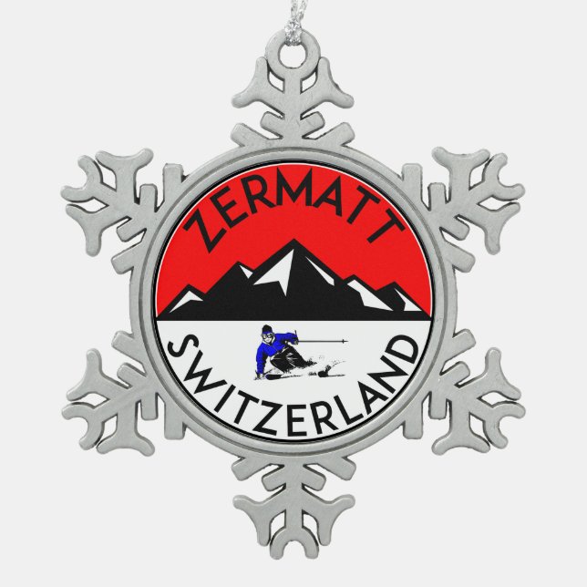 Skifahren Zermatt die Schweiz Ski Schneeflocken Zinn-Ornament (Vorderseite)