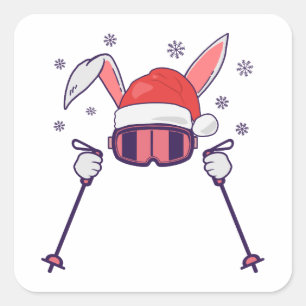 Skifahrender Weihnachtsmann-Hase mit Weihnachtsman Quadratischer Aufkleber