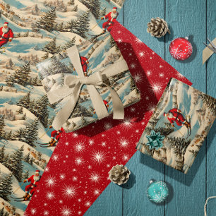 Skifahrender Weihnachtsmann im Retro-Stil Geschenkpapier
