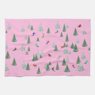 Skifahrer Abfahrtsskifahren Illustration Pink Geschirrtuch