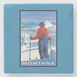 Skifahrer AdmiringMontanaVintage Reise-Plakat Steinuntersetzer