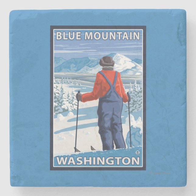 Skifahrer-Bewundern - blauer Berg, Washington Steinuntersetzer (Vorderseite)