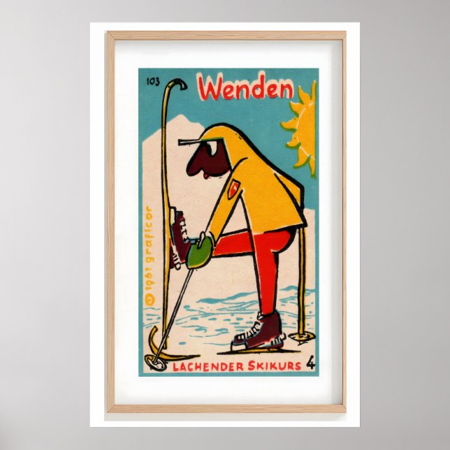Skifahrer-Figur Gelbe Jacke Vintage-Streichholzsch Poster (Vorne)