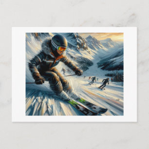 Skifahrer rast den Berg hinunter, Postkarte