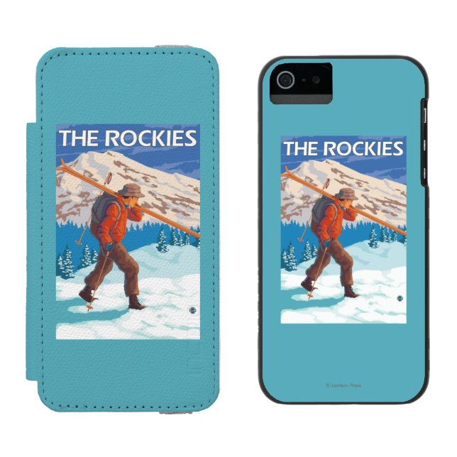 Skifahrer-tragende Schnee-Skis - die Rockies Incipio iPhone Geldbeutel-Hülle (Seite an Seite)