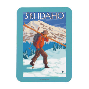 Skifahrer-tragende Schnee-Skis - Idaho Magnet