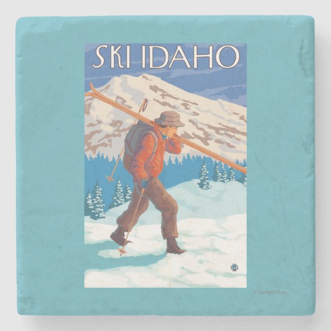Skifahrer-tragende Schnee-Skis - Idaho Steinuntersetzer (Vorderseite)
