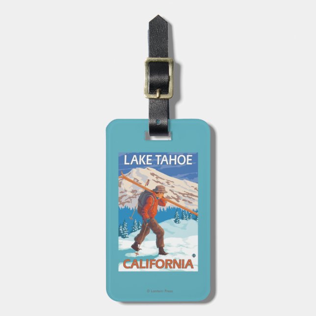 Skifahrer-tragende Schnee-Skis - Lake Tahoe, Gepäckanhänger (Vorderseite vertikal)