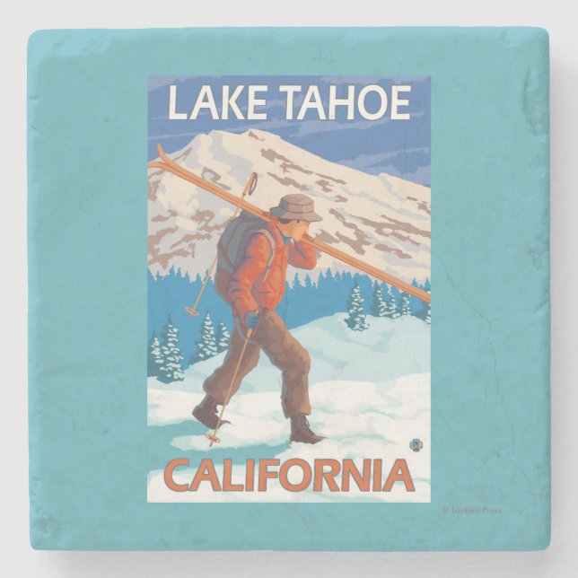 Skifahrer-tragende Schnee-Skis - Lake Tahoe, Steinuntersetzer (Vorderseite)