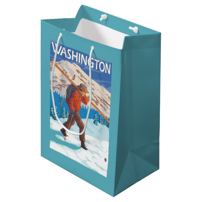 Skifahrer-tragende Schnee-Skis - Washington Mittlere Geschenktüte (Vorderseite Schrägansicht)