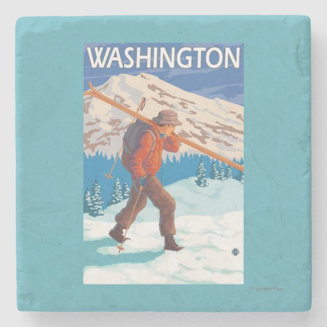 Skifahrer-tragende Schnee-Skis - Washington Steinuntersetzer (Vorderseite)